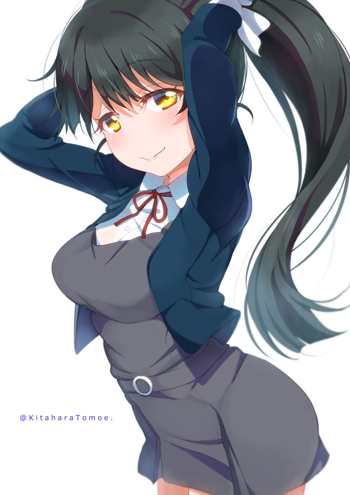 1girl bangs birthday black_hair breasts check_commentary commentary commentary_request eyebrows_visible_through_hair hair_intakes hazuki_ren kitahara_tomoe_(kitahara_koubou) large_breasts long_hair long_sleeves looking_at_viewer love_live! love_live!_superstar!! ponytail school_uniform shiny shiny_hair solo twitter_username very_long_hair yellow_eyes yuigaoka_school_uniform