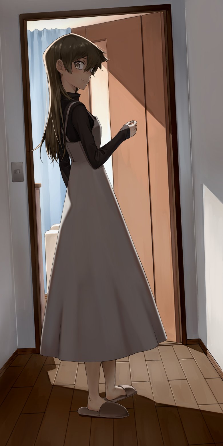 1girl brown_eyes brown_hair closed_mouth dress full_body grey_dress hair_between_eyes highres indoors long_dress long_hair long_sleeves looking_at_viewer looking_back pinafore_dress rourou_ill shiny shiny_hair sleeveless sleeveless_dress sleeves_past_wrists slippers smile solo standing straight_hair sweater tenjouin_asuka turtleneck turtleneck_sweater wooden_floor yu-gi-oh! yu-gi-oh!_gx