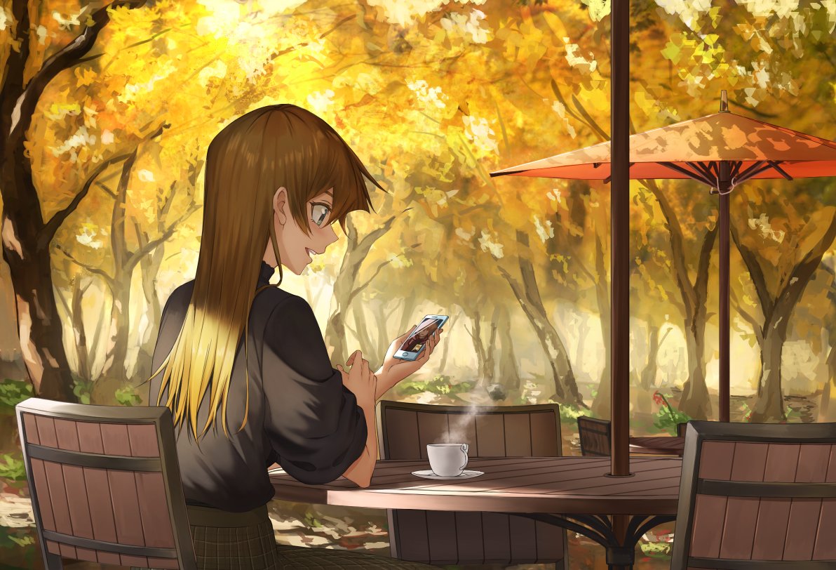 1girl :d blonde_hair brown_skirt cellphone cup day forest holding holding_phone long_hair long_skirt nature open_mouth outdoors parasol phone plaid plaid_skirt pleated_skirt profile rourou_ill shiny shiny_hair sitting skirt smartphone smile solo straight_hair sweater teacup tenjouin_asuka turtleneck turtleneck_sweater umbrella yu-gi-oh! yu-gi-oh!_gx yuuki_juudai