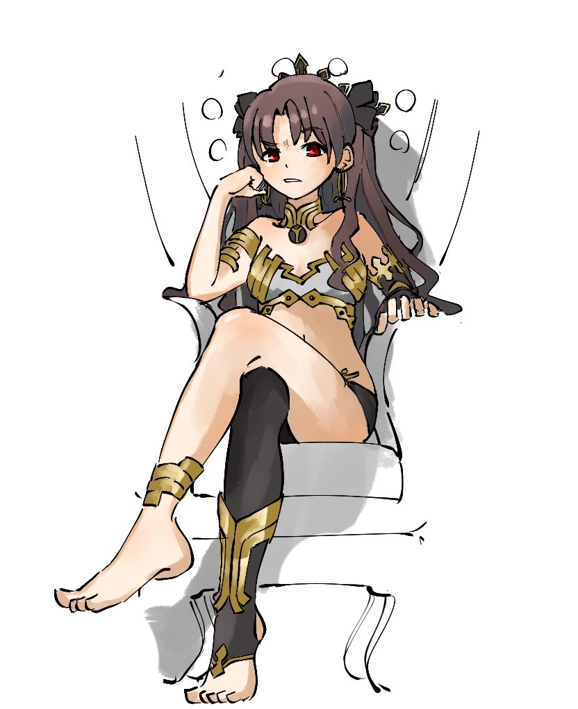 1girl anklet armlet bare_shoulders black_hair black_legwear black_ribbon crossed_legs detached_sleeves earrings elbow_rest eyebrows_visible_through_hair fate/grand_order fate_(series) feet hair_ribbon hoop_earrings ishtar_(fate)_(all) ishtar_(fate/grand_order) jewelry long_hair long_sleeves looking_at_viewer nishikuromori red_eyes ribbon simple_background single_detached_sleeve single_thighhigh sitting solo thigh-highs tiara toeless_legwear two_side_up very_long_hair white_background