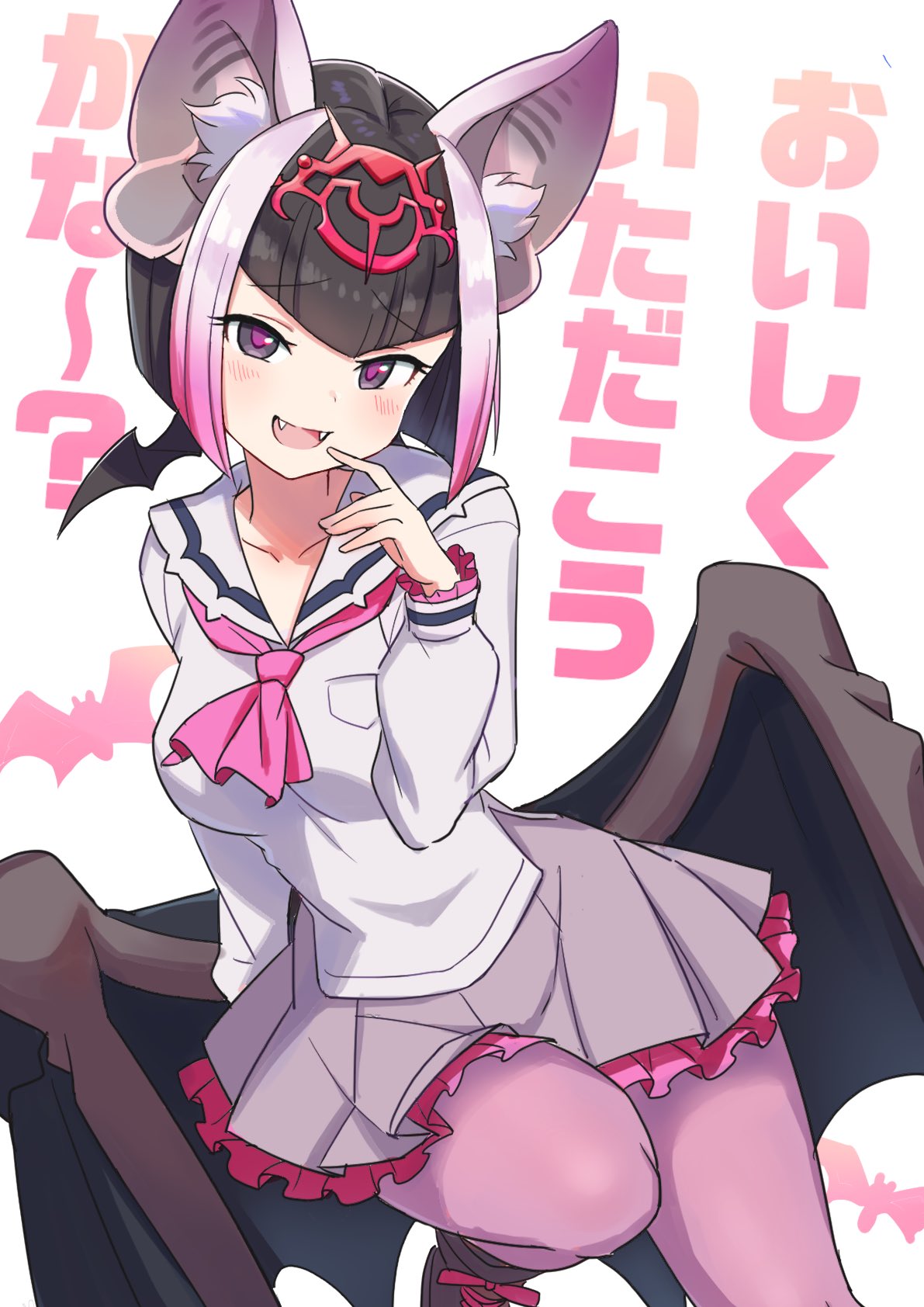 1girl animal_ear_fluff animal_ears bangs bat_ears bat_girl bat_wings black_eyes black_hair boots breast_pocket collarbone collared_shirt common_vampire_bat_(kemono_friends) eyebrows_visible_through_hair fangs finger_to_mouth frilled_skirt frills furrowed_eyebrows hand_up head_wings highres kamuraaa_615 kemono_friends leaning_to_the_side long_sleeves looking_at_viewer medium_hair miniskirt multicolored_hair open_mouth pantyhose pocket purple_hair purple_pupils seductive_smile shirt skirt smile solo translation_request twisted_torso wings