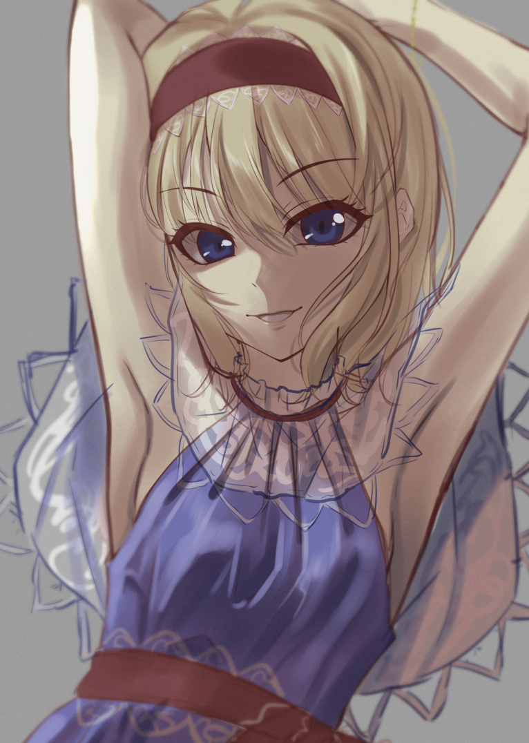1girl akane_hazuki alice_margatroid armpits arms_up blonde_hair blue_dress blue_eyes bracelet breasts capelet commentary_request dress eyebrows_visible_through_hair eyelashes grey_background hair_between_eyes hairband jewelry looking_at_viewer parted_lips red_hairband see-through short_hair simple_background sleeveless sleeveless_dress small_breasts smile solo symbol_commentary touhou upper_body