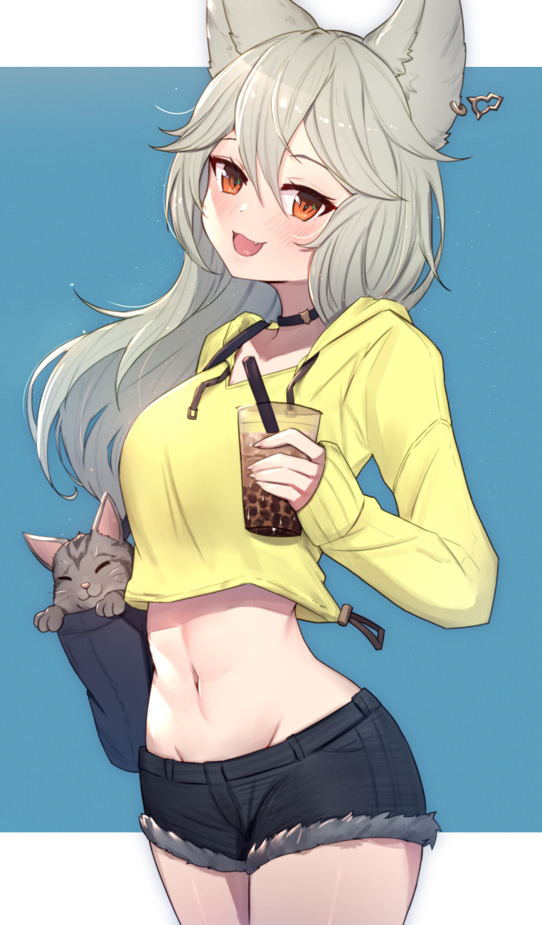 1girl :d animal animal_ears bag bangs black_choker black_shorts blue_background blush breasts bubble_tea cat choker commentary cowboy_shot crop_top cup cutoffs disposable_cup drawstring drinking_straw ear_piercing erune eyebrows_visible_through_hair fang granblue_fantasy grey_hair groin hair_between_eyes handbag highres holding holding_cup hood hood_down hoodie jewelry long_hair long_sleeves looking_at_viewer medium_breasts midriff navel open_mouth orange_eyes piercing revision sen_(granblue_fantasy) short_shorts shorts silver_hair single_earring smile solo standing symbol_commentary two-tone_background uneg white_background yellow_hoodie