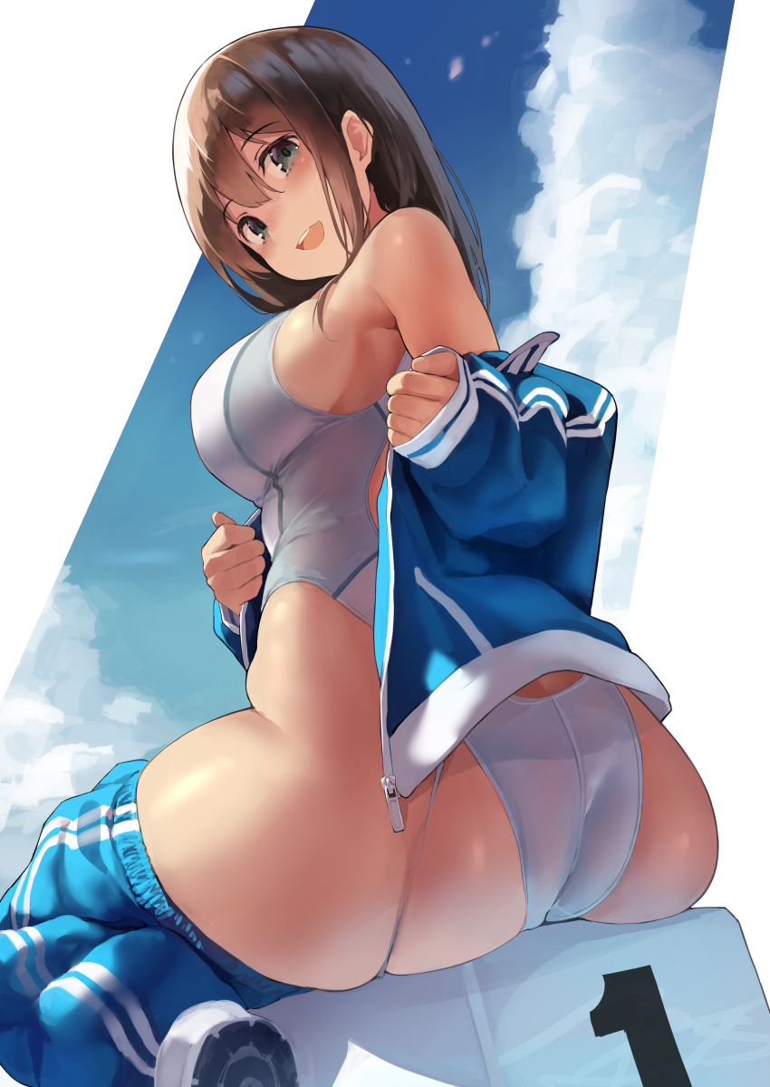 1girl ass bangs black_eyes blush breasts brown_hair clouds commentary_request competition_swimsuit highres kekemotsu large_breasts looking_at_viewer looking_back off_shoulder one-piece_swimsuit open_mouth open_track_jacket original pants pants_pull shoes short_hair sitting skindentation sky sleeves_past_wrists smile solo swimsuit track_pants