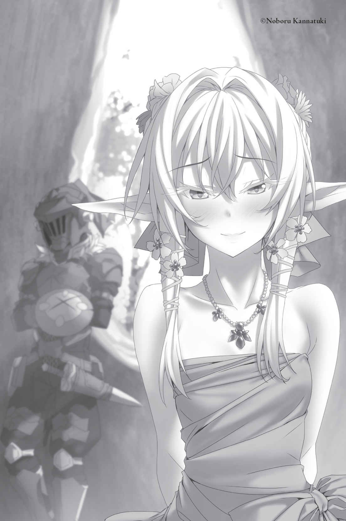 1boy 1girl arms_behind_back artist_name bangs blurry blurry_background blush breasts closed_mouth collarbone crossed_arms dress flower goblin_slayer goblin_slayer! greyscale hair_between_eyes hair_flower hair_ornament half-closed_eyes helmet high_elf_archer_(goblin_slayer!) highres indoors jewelry kannatsuki_noboru looking_at_viewer monochrome necklace novel_illustration official_art pointy_ears shield short_hair_with_long_locks sidelocks sleeveless sleeveless_dress small_breasts smile strapless strapless_dress