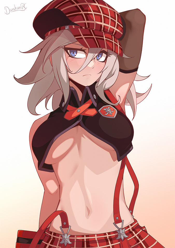 1girl alisa_ilinichina_amiella arm_behind_head arm_up bangs bare_shoulders black_vest blue_eyes blush breasts breasts_apart cabbie_hat cropped_vest darahan elbow_gloves english_commentary eyebrows_visible_through_hair frown gloves god_eater hair_between_eyes hat long_hair looking_at_viewer medium_breasts midriff navel plaid plaid_headwear plaid_skirt red_skirt sidelocks signature silver_hair simple_background skirt solo standing suspender_skirt suspenders suspenders_slip under_boob upper_body vest white_background