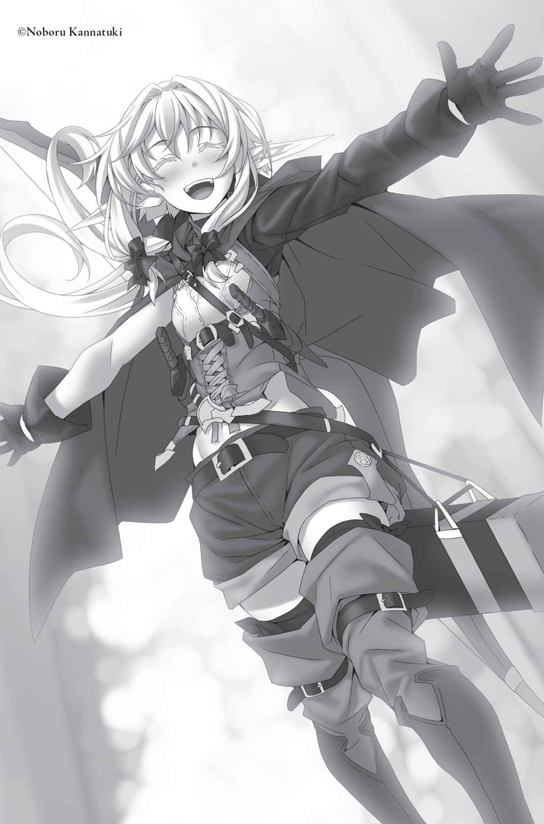 1girl :d artist_name asymmetrical_sleeves belt belt_buckle black_gloves blush boots bow_(weapon) buckle cape closed_eyes dutch_angle elf facing_viewer floating_hair from_below gloves goblin_slayer! greyscale groin high_elf_archer_(goblin_slayer!) highres kannatsuki_noboru long_hair monochrome navel novel_illustration official_art open_mouth outstretched_arms outstretched_hand pointy_ears ponytail short_shorts shorts smile solo standing thigh-highs thigh_boots very_long_hair weapon zettai_ryouiki