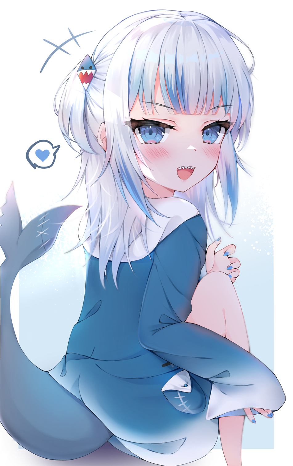 1girl :d blue_eyes blue_hair blue_hoodie blue_nails eyebrows_visible_through_hair fish_tail gawr_gura hair_ornament hand_up heart highres himexin hololive hololive_english hood hoodie kneeling looking_at_viewer looking_back medium_hair open_mouth pocket shark shark_hair_ornament shark_tail sharp_teeth short_twintails smile solo tail teeth twintails virtual_youtuber white_hair