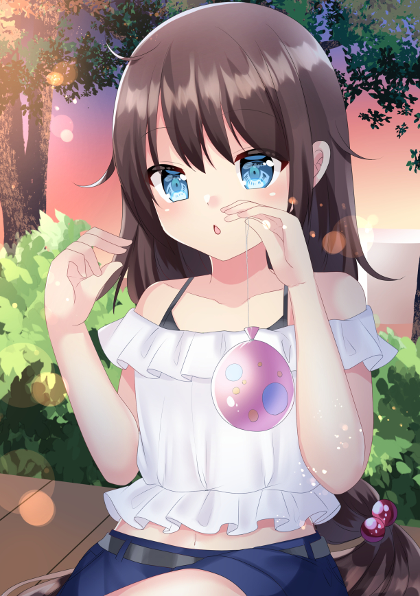 1girl bangs bare_shoulders blue_eyes blue_shorts brown_hair chestnut_mouth collarbone commentary_request eyebrows_visible_through_hair hair_between_eyes hair_bobbles hair_ornament hands_up holding long_hair looking_at_viewer misaki_(misaki86) off-shoulder_shirt off_shoulder original outdoors parted_lips shirt short_shorts shorts solo sunset tree very_long_hair white_shirt
