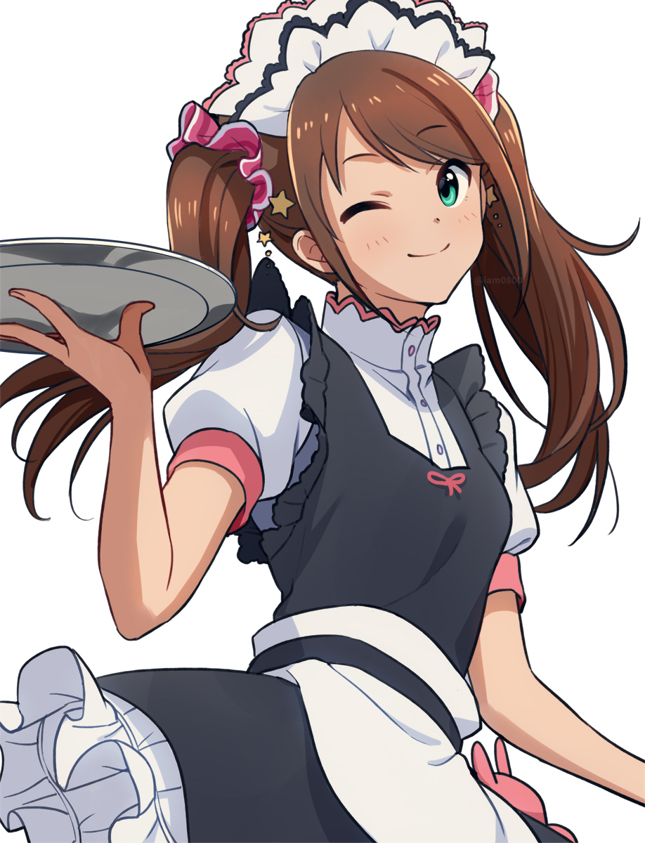1boy ;) apron bangs black_dress blush breasts brown_hair buttons closed_mouth collared_shirt dress eyebrows_visible_through_hair floating_hair green_eyes hair_ornament hair_scrunchie hand_up high_collar highres holding holding_tray idolmaster idolmaster_side-m long_hair looking_at_viewer maid maid_apron maid_headdress mizushima_saki one_eye_closed pink_ribbon pink_scrunchie puffy_short_sleeves puffy_sleeves ribbon sayshownen scrunchie shiny shiny_hair shirt short_sleeves simple_background sleeveless sleeveless_dress smile solo star_(symbol) star_hair_ornament symbol_commentary tray twintails twitter_username waist_apron watermark white_apron white_background white_shirt