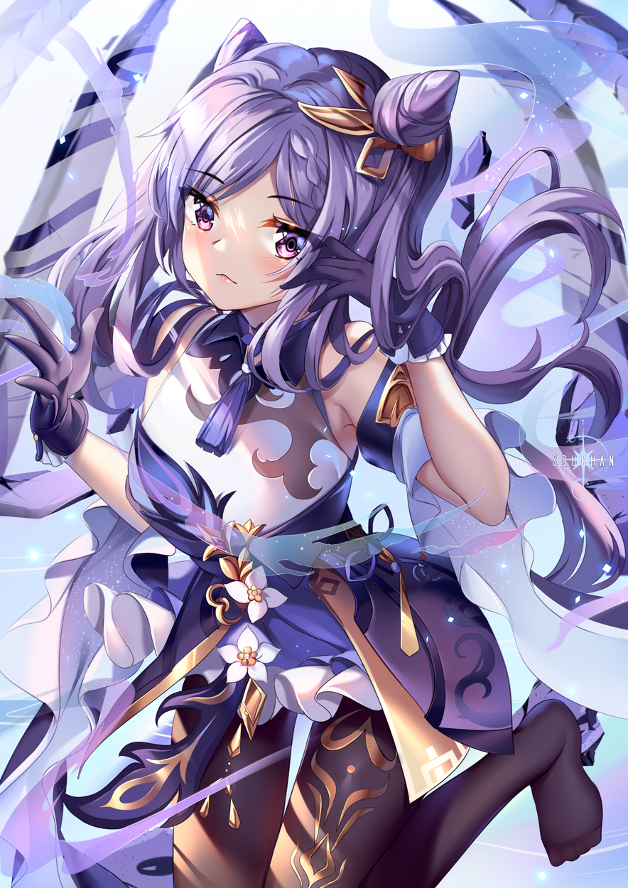 1girl artist_name bangs blush braid breasts brown_legwear closed_mouth commentary_request flower frilled_skirt frills genshin_impact gloves hands_up highres keqing_(genshin_impact) long_hair looking_at_viewer medium_breasts no_shoes pantyhose parted_bangs purple_gloves purple_hair purple_skirt shirt skirt sleeveless sleeveless_shirt solo squchan standing standing_on_one_leg thigh_gap twintails very_long_hair violet_eyes white_flower white_shirt