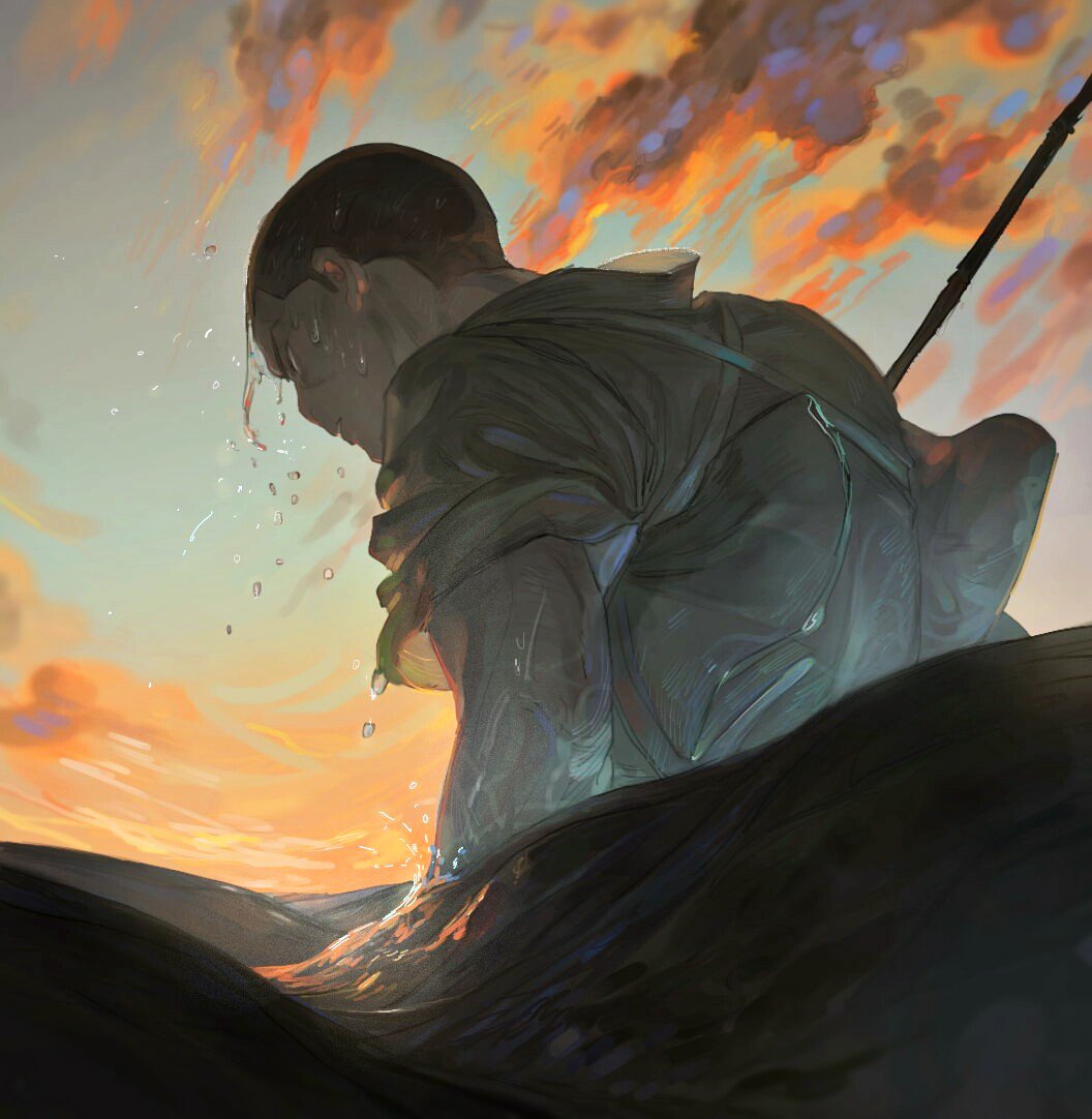 1boy black_eyes black_hair buzz_cut caustics clouds golden_kamuy japanese_clothes male_focus ocean oku_(2964_okn) partially_submerged sky solo tasuki tsukishima_hajime twilight water water_drop wet wet_clothes