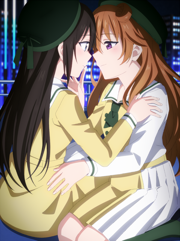 bangs beret black_eyes black_hair bow bowtie breasts brown_hair building buttons cheek_poking collared_dress dot_nose double-breasted double_bun dress finger_to_mouth fingers_to_cheeks frilled_skirt frills green_headwear green_neckwear grey_eyes hat hug idol_clothes konoe_kanata large_breasts long_hair looking_at_another love_live! love_live!_nijigasaki_high_school_idol_club mirai_harmony multicolored multicolored_clothes multicolored_dress night one_side_up orange_hair poking sailor_dress sitting skirt starry_background two-tone_dress two_side_up un403lucky underbust violet_eyes wavy_hair yuri yuuki_setsuna_(love_live!)