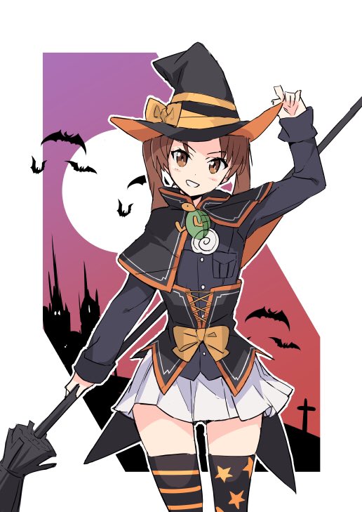 1girl adapted_costume adjusting_clothes adjusting_headwear arm_up arnagle bangs black_capelet black_headwear black_legwear blue_jacket bow broom brown_eyes brown_hair capelet castle commentary cowboy_shot full_moon girls_und_panzer grin halloween halloween_costume hat hat_bow holding holding_broom jacket kadotani_anzu long_hair long_sleeves looking_at_viewer military military_uniform miniskirt mismatched_legwear moon ooarai_military_uniform orange_bow outline parted_bangs pleated_skirt print_legwear purple_sky skirt smile solo standing star_(symbol) star_print striped striped_legwear thigh-highs twintails underbust uniform white_outline white_skirt witch witch_hat