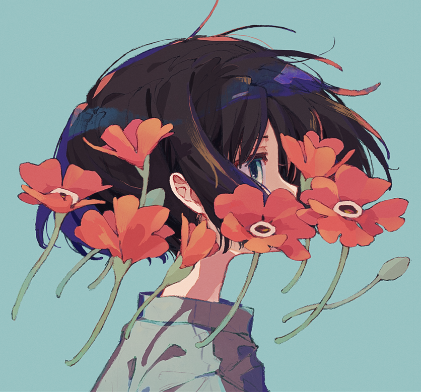 1other blue_background blue_eyes bob_cut brown_hair flower from_side jacket jitome ka_(marukogedago) original portrait profile red_flower short_hair simple_background solo