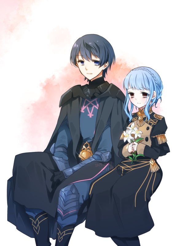 1boy 1girl armor artist_request bags_under_eyes black_armor black_cape black_eyes black_gloves blue_eyes blue_hair braid buttons byleth_(fire_emblem) byleth_eisner_(male) cape closed_mouth commentary_request crown_braid epaulettes eyebrows_visible_through_hair fire_emblem fire_emblem:_three_houses flower garreg_mach_monastery_uniform gauntlets gloves hair_between_eyes holding holding_flower long_skirt long_sleeves looking_at_another marianne_von_edmund short_hair sitting skirt smile uniform white_flower