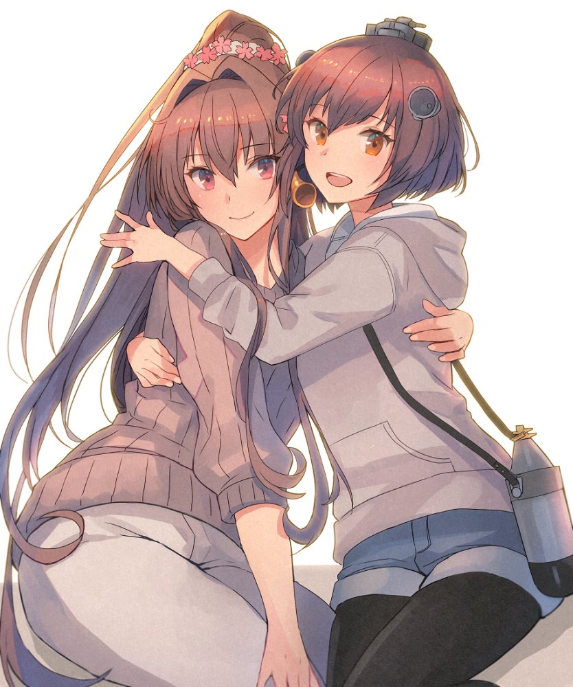 2girls alternate_costume bangs black_legwear blue_shorts brown_eyes brown_hair brown_sweater eyebrows_visible_through_hair headgear hood hood_down hoodie hug jacket kantai_collection kasumi_(skchkko) long_hair long_sleeves multiple_girls open_mouth pants pantyhose ponytail red_eyes ribbed_sweater short_hair shorts sidelocks simple_background smile sweater white_background yamato_(kantai_collection) yukikaze_(kantai_collection)