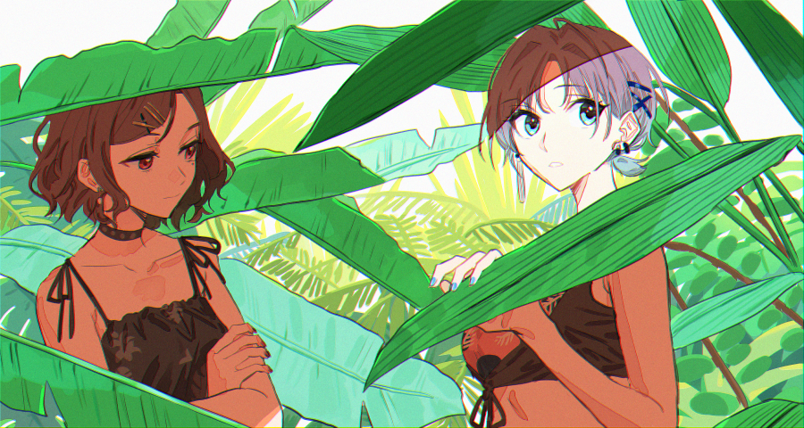 2girls asakura_tooru bangs blue_eyes brown_hair choker collarbone earrings eyebrows_visible_through_hair hair_intakes hair_ornament higuchi_madoka idolmaster idolmaster_shiny_colors jewelry leaf multiple_girls nail_polish nmnm2332chan outdoors parted_lips plant red_eyes short_hair tagme x_hair_ornament