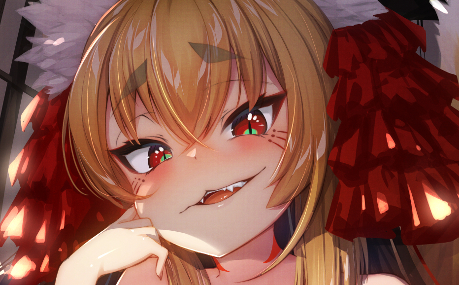 1girl :3 animal_ear_fluff bangs blonde_hair blush cluseller commentary_request commission cropped crossed_bangs eyebrows_visible_through_hair face facial_mark fangs hair_ribbon half-closed_eyes happy head_tilt long_hair looking_at_viewer open_mouth original red_eyes red_ribbon ribbon shiny shiny_hair shiny_skin slit_pupils smile solo teeth thick_eyebrows tongue whisker_markings