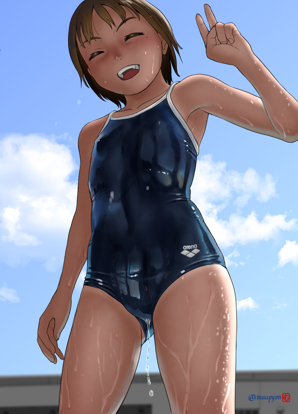 1girl arena_(company) artist_name blue_sky blue_swimsuit blurry breasts brown_hair building closed_eyes clouds commentary_request competition_school_swimsuit cowboy_shot depth_of_field from_below highres logo mu-pyon original school_swimsuit short_hair sky small_breasts solo swimsuit tan tanline v wet wet_clothes wet_swimsuit