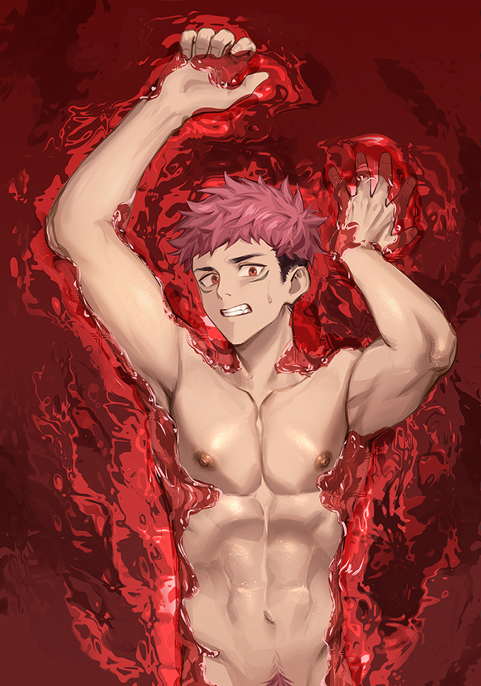 1boy abs arms_up blood brown_hair completely_nude groin itadori_yuuji jujutsu_kaisen male_focus male_pubic_hair mo_si_(z1216150815) multicolored_hair navel nipples nude pectorals pink_hair pubic_hair red_eyes ryoumen_sukuna_(jujutsu_kaisen) short_hair sinking smile solo spiky_hair tagme tattoo toned toned_male two-tone_hair undercut upper_body