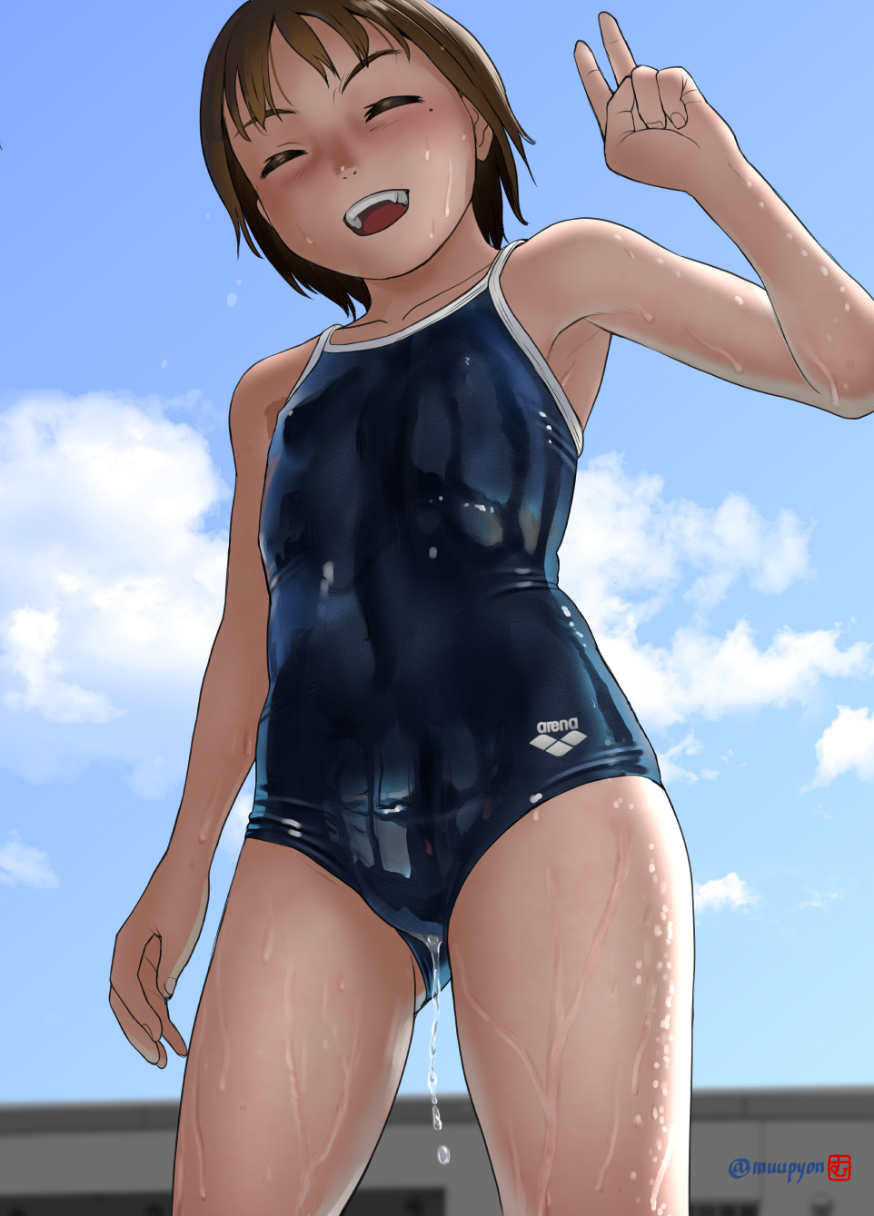 1girl arena_(company) artist_name blue_sky blue_swimsuit blurry breasts brown_hair building closed_eyes clouds competition_school_swimsuit cowboy_shot depth_of_field from_below highres logo mu-pyon original school_swimsuit short_hair sky small_breasts solo swimsuit v wet wet_clothes wet_swimsuit