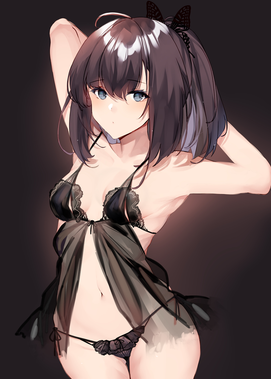 1girl ahoge akizuki_(kantai_collection) arms_behind_head arms_up bangs black_babydoll black_background black_bra black_hair black_panties blue_eyes bra breasts closed_mouth commentary_request cowboy_shot eyebrows_visible_through_hair highres kagurazaka_miyabi kantai_collection lingerie looking_at_viewer medium_hair navel panties ponytail side-tie_panties small_breasts solo standing string_panties thigh_gap underwear underwear_only