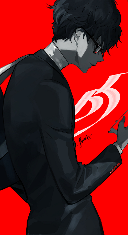 1boy amamiya_ren bag black_hair black_jacket btmr_game cellphone closed_mouth copyright_name glasses holding holding_phone jacket long_sleeves male_focus persona persona_5 phone red_background school_bag school_uniform shuujin_academy_uniform signature simple_background smartphone solo upper_body