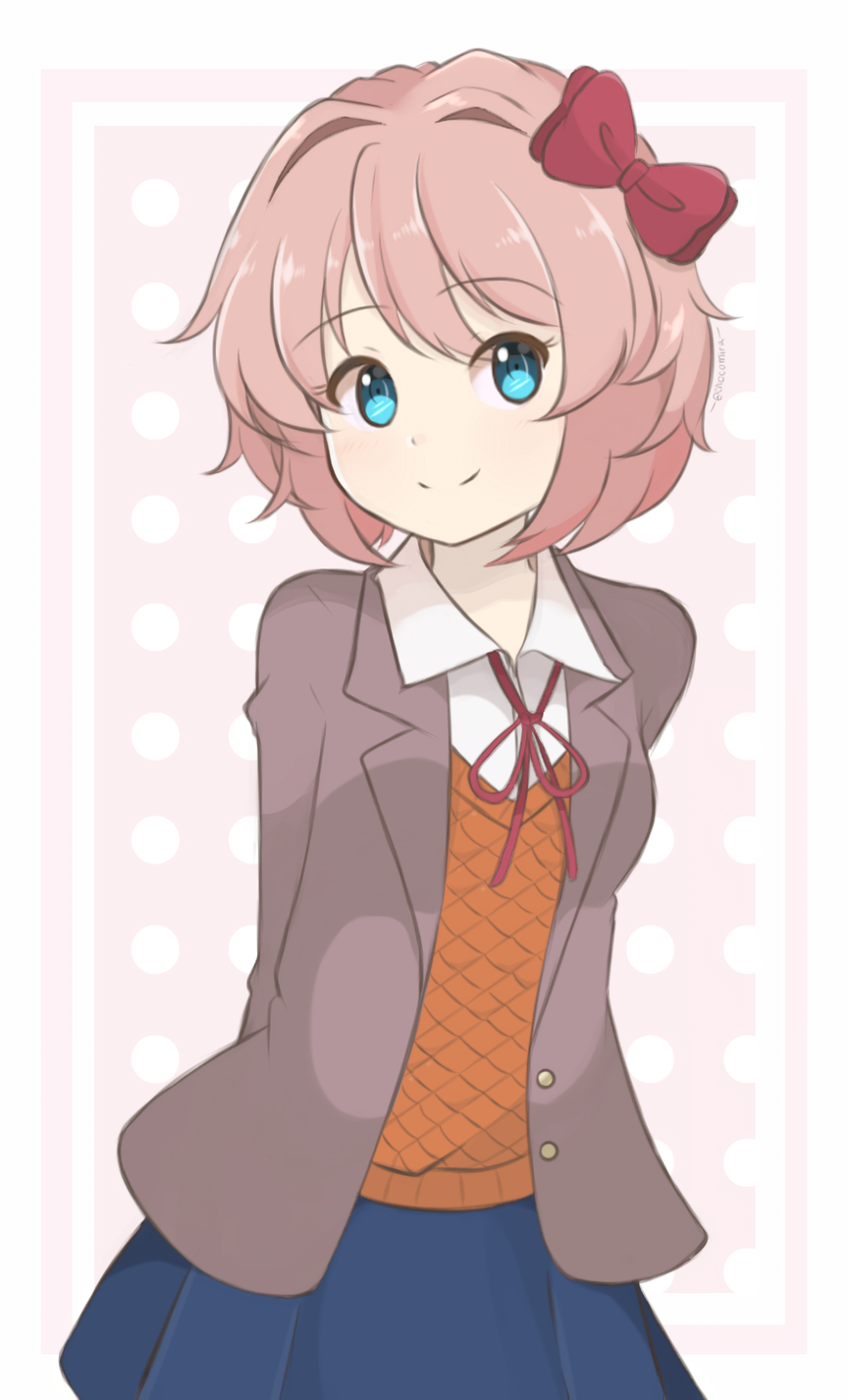 1girl arms_behind_back bad_link bangs blue_eyes blue_skirt bow chocomiru disconnected_mouth doki_doki_literature_club eyebrows_visible_through_hair grey_jacket hair_bow highres jacket long_sleeves looking_at_viewer neck_ribbon open_clothes open_jacket orange_vest pink_hair red_bow red_neckwear red_ribbon ribbon sayori_(doki_doki_literature_club) school_uniform shirt short_hair simple_background skirt smile solo source_request vest white_shirt wing_collar