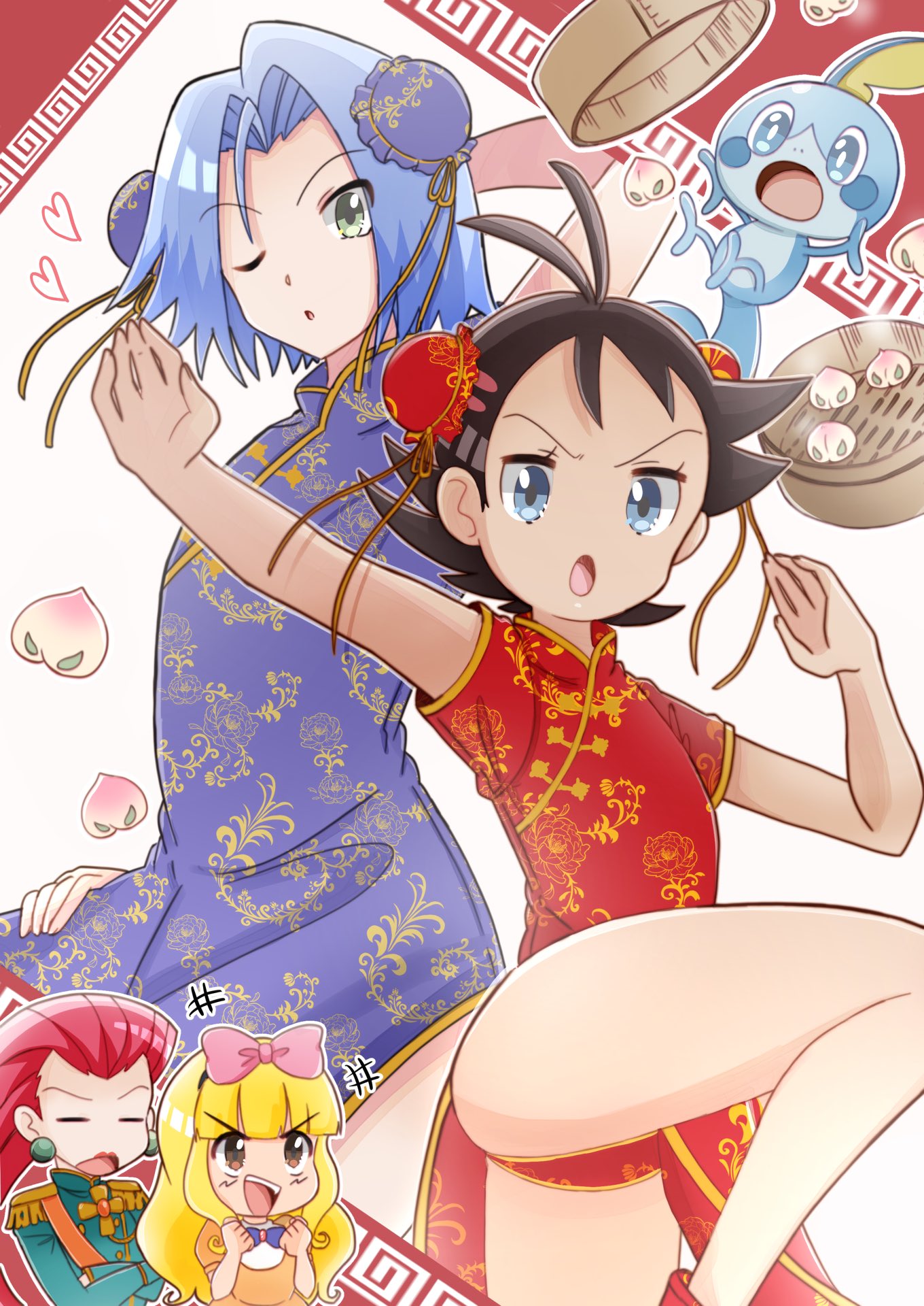 1girl 3boys :o ash_ketchum ashley_(pokemon) bamboo_steamer bishounen black_hair blonde_hair blue_eyes blue_hair bow bun_cover chinese_clothes clenched_hand closed_eyes crossdressinging double_bun dress earrings epaulettes food fruit gen_8_pokemon goh_(pokemon) green_eyes hair_bow highres hutao_poke james_(pokemon) jessie_(pokemon) jewelry multiple_boys orange_dress peach pokemon pokemon_(anime) redhead sobble team_rocket