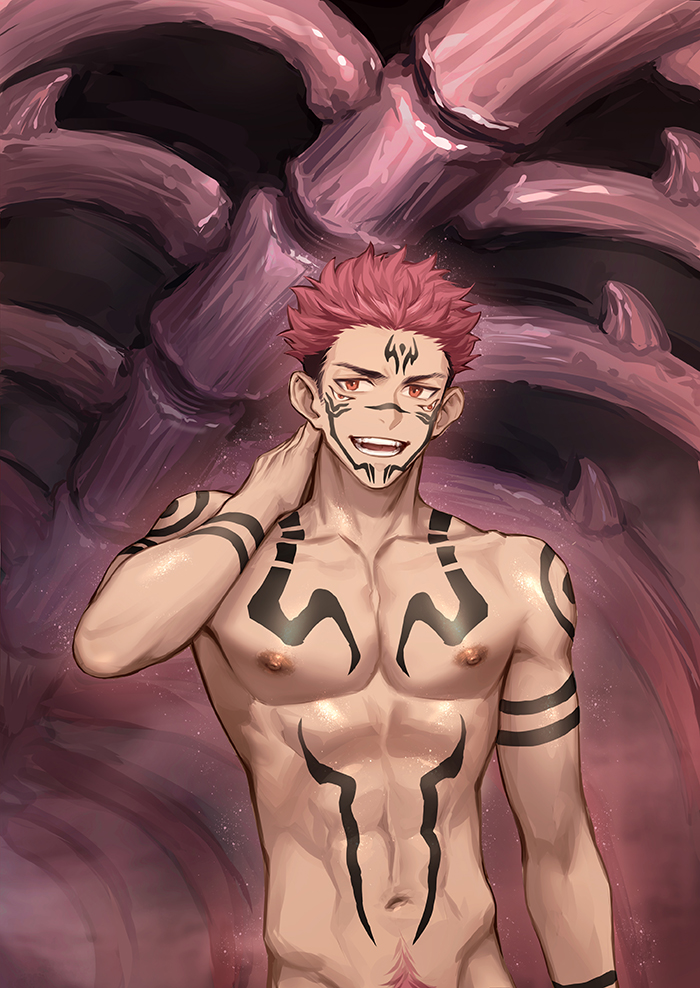 1boy abs arm_tattoo brown_hair chest_tattoo completely_nude extra_eyes facial_tattoo groin hand_gesture hand_on_own_neck itadori_yuuji jujutsu_kaisen male_focus mo_si_(z1216150815) navel navel_hair nipples nude pectorals pink_hair red_eyes ryoumen_sukuna_(jujutsu_kaisen) short_hair shoulder_tattoo smile solo spiky_hair tagme tattoo toned toned_male undercut upper_body