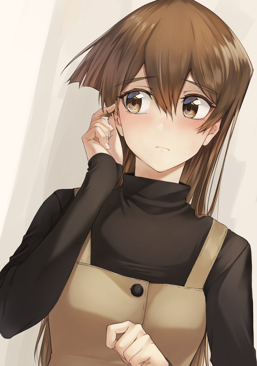 1girl blush brown_eyes brown_hair closed_mouth grey_background highres long_hair long_sleeves looking_to_the_side rourou_ill shiny shiny_hair sleeves_past_wrists solo straight_hair sweater tenjouin_asuka turtleneck turtleneck_sweater upper_body yu-gi-oh! yu-gi-oh!_gx