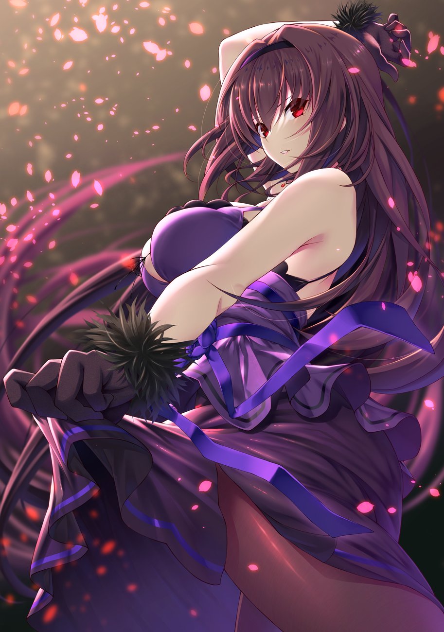 1girl alternate_costume breasts dancing dress emanon123 english_commentary fate/grand_order fate_(series) fur_trim gloves hair_intakes highres jewelry large_breasts long_hair pantyhose pendant purple_dress purple_hair red_eyes scathach_(fate)_(all) scathach_(fate/grand_order) solo very_long_hair
