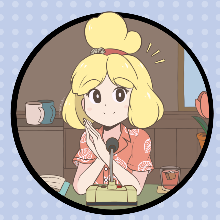 1girl animal_crossing artist_name bell black_eyes blonde_hair chocomiru commentary cup drinking_glass elbow_rest english_commentary eyebrows_visible_through_hair hair_bell hair_ornament hands_together humanization indoors isabelle_(animal_crossing) jingle_bell leaf_print looking_at_viewer medium_hair microphone mug plant potted_plant print_shirt red_shirt shirt short_sleeves smile solo upper_body
