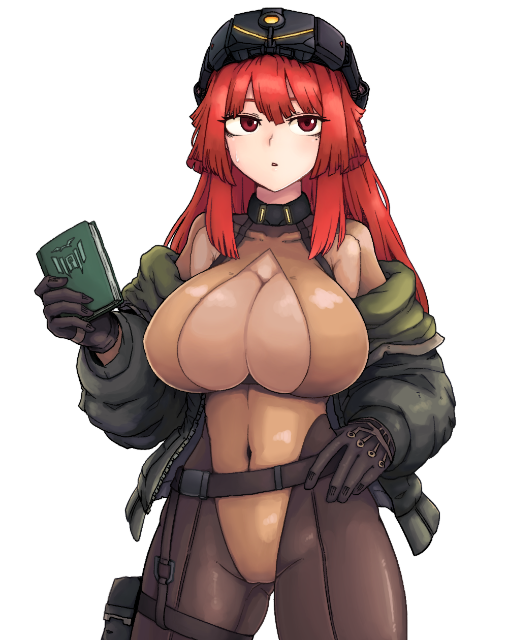 1girl bangs bodysuit breast_strap breasts formicid gloves goggles goggles_on_head highres hime_cut huge_breasts jacket last_origin long_hair looking_away mole mole_under_eye navel red_eyes redhead simple_background skindentation solo sweatdrop t-3_leprechaun white_background