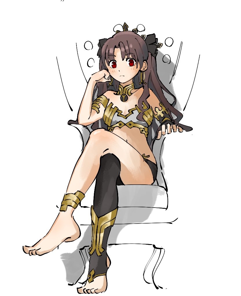 1girl anklet armlet bare_shoulders black_hair black_legwear black_ribbon closed_mouth crossed_legs detached_sleeves earrings elbow_rest eyebrows_visible_through_hair fate/grand_order fate_(series) feet frown hair_ribbon hoop_earrings ishtar_(fate)_(all) ishtar_(fate/grand_order) jewelry long_hair long_sleeves looking_at_viewer nishikuromori red_eyes ribbon simple_background single_detached_sleeve single_thighhigh sitting solo thigh-highs tiara toeless_legwear two_side_up very_long_hair white_background