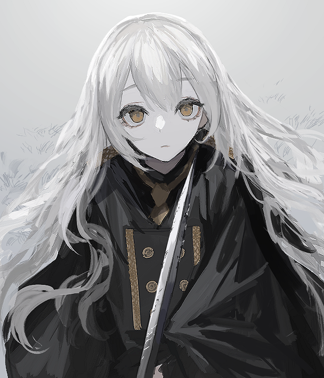 1girl black_cloak cloak closed_mouth double-breasted es-ther grey_background long_hair long_sleeves looking_at_viewer necktie original pale_skin silver_hair simple_background solo sword weapon white_hair yellow_eyes yellow_neckwear