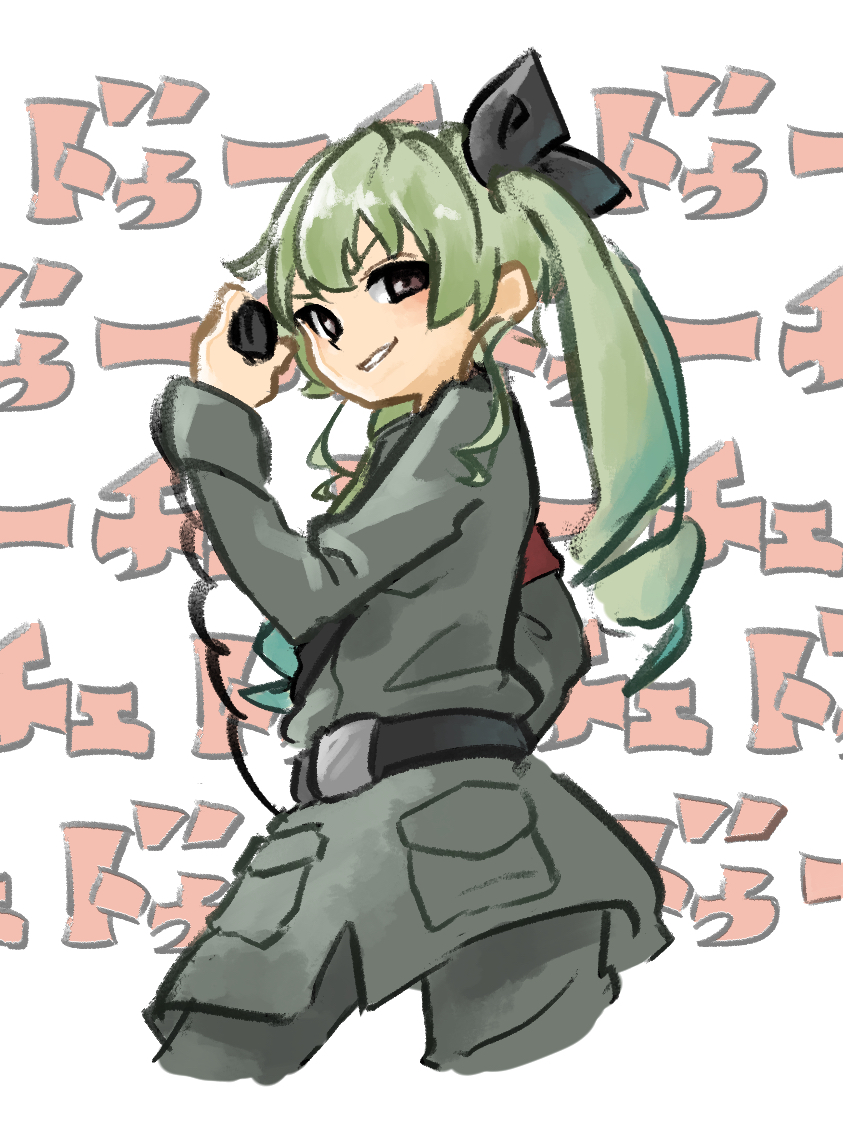 1girl anchovy_(girls_und_panzer) anzio_military_uniform armband bangs belt black_belt black_ribbon brown_eyes drill_hair girls_und_panzer green_hair grin hair_ribbon holding long_sleeves looking_at_viewer military military_uniform nishikuromori ribbon riding_crop simple_background smile solo twin_drills twintails uniform v-shaped_eyebrows white_background