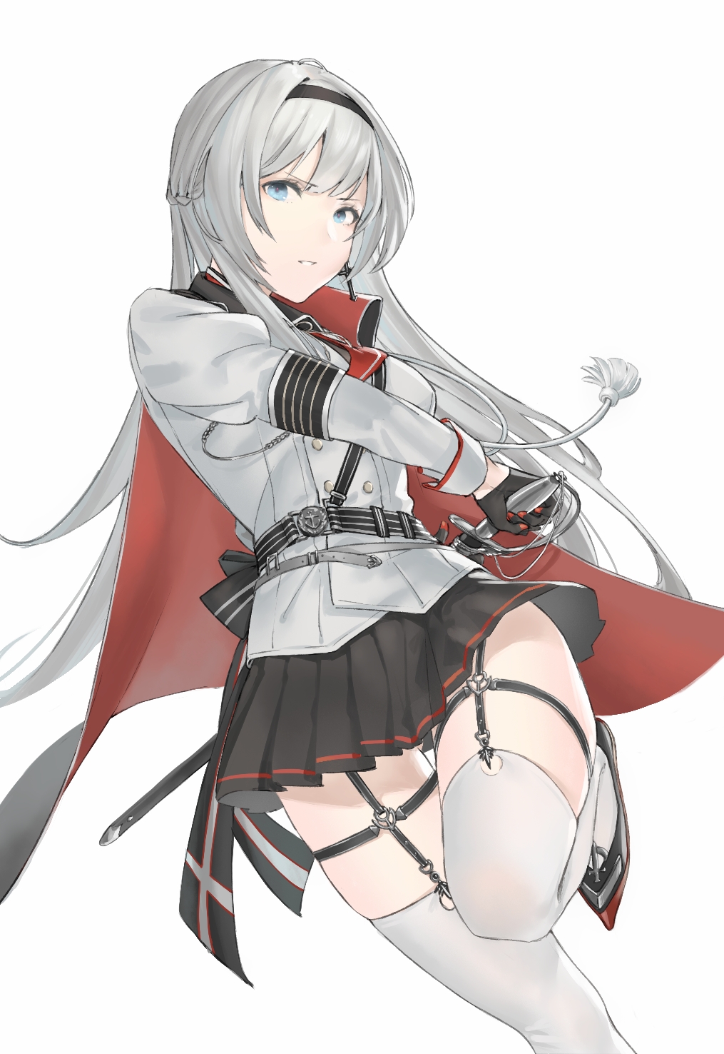 1girl armband azur_lane belt blue_eyes braid cape commentary commentary_request garter_straps gloves hairband highres leg_lift long_hair looking_at_viewer mainz_(azur_lane) mik_bla military military_uniform parted_lips pleated_skirt silver_hair simple_background skirt solo sword thigh-highs thigh_strap uniform weapon