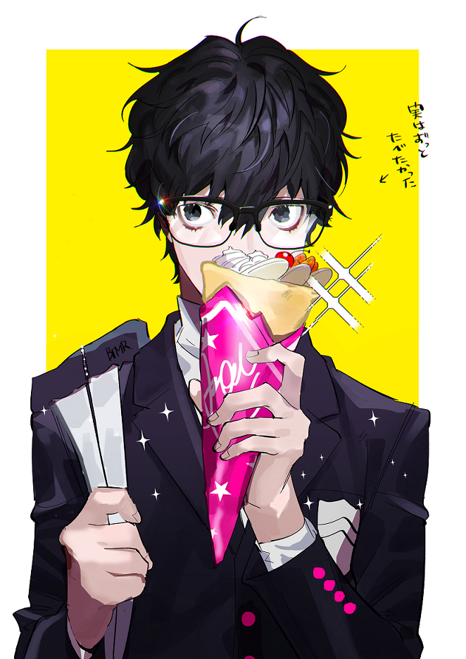 1boy amamiya_ren bag black-framed_eyewear black_eyes black_hair black_jacket btmr_game crepe food glasses hair_between_eyes holding holding_food jacket long_sleeves male_focus persona persona_5 school_bag school_uniform shuujin_academy_uniform simple_background solo sparkle two-tone_background upper_body