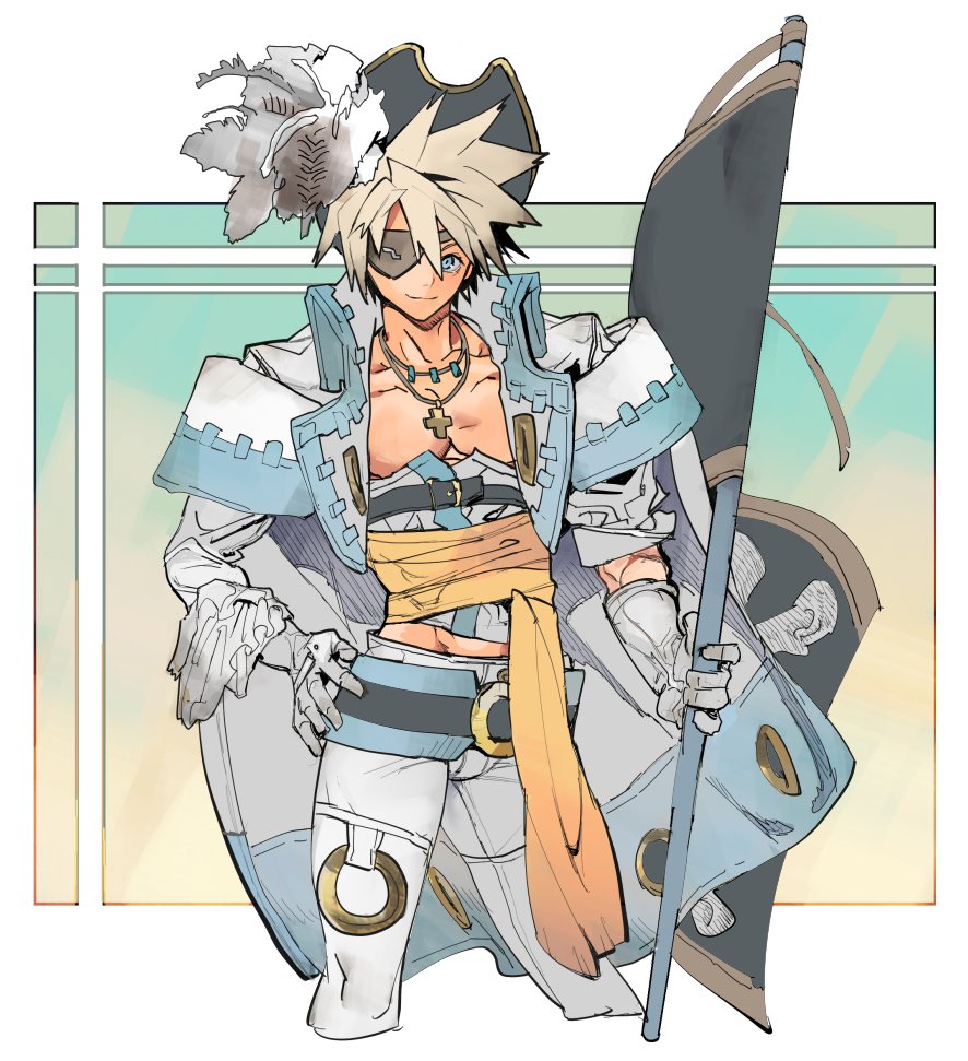 1boy 2344 belt black_headwear blonde_hair blue_eyes cross cross_necklace eyepatch feathers flag frills gloves guilty_gear hair_between_eyes hand_on_hip hat hat_feather holding holding_flag jewelry male_focus necklace pectorals pirate pirate_hat sin_kiske smile solo spiky_hair white_gloves