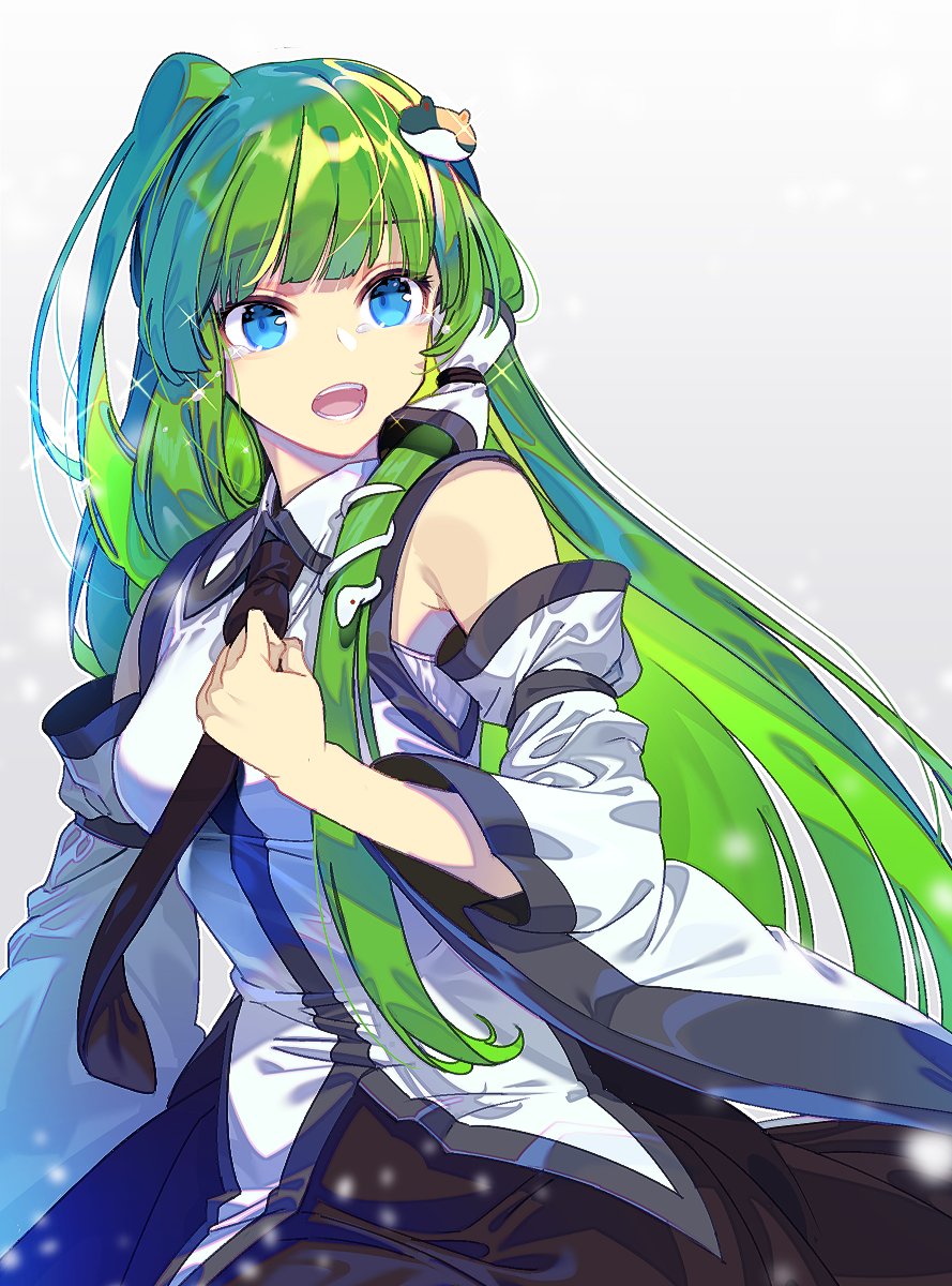 1girl bangs black_neckwear black_skirt blue_eyes breasts commentary crying crying_with_eyes_open detached_sleeves eyebrows_visible_through_hair frog_hair_ornament glint green_hair hair_ornament hair_tubes highres kochiya_sanae long_hair medium_breasts necktie open_mouth sidelocks simple_background skirt snake_hair_ornament solo tears touhou upper_body very_long_hair white_background wide_sleeves zounose