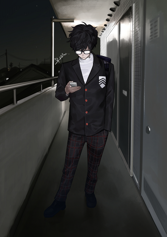 1boy amamiya_ren black_hair black_jacket btmr_game cellphone closed_mouth door glasses hand_in_pocket holding holding_phone jacket long_sleeves male_focus night opaque_glasses outdoors pants persona persona_5 phone school_uniform shuujin_academy_uniform signature smartphone solo