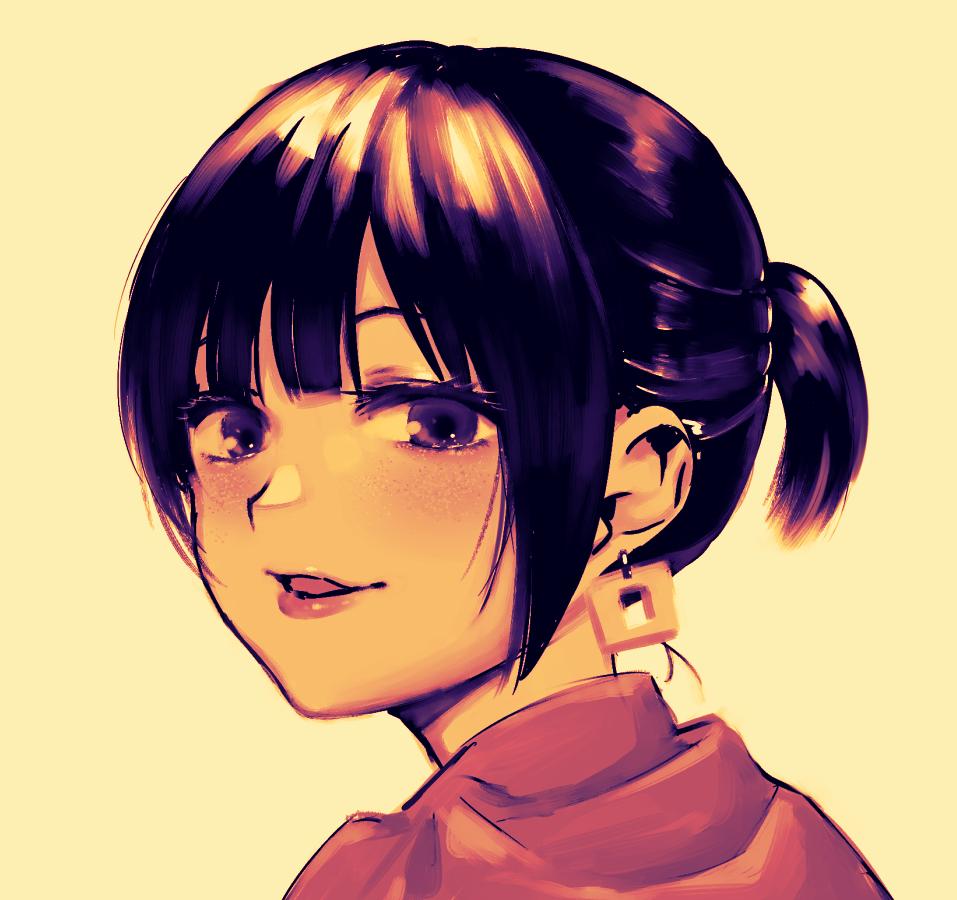 1girl :d blush earrings freckles jewelry looking_at_viewer nise_(basilsis) open_mouth original ponytail portrait purple_hair short_hair simple_background smile solo violet_eyes yellow_background