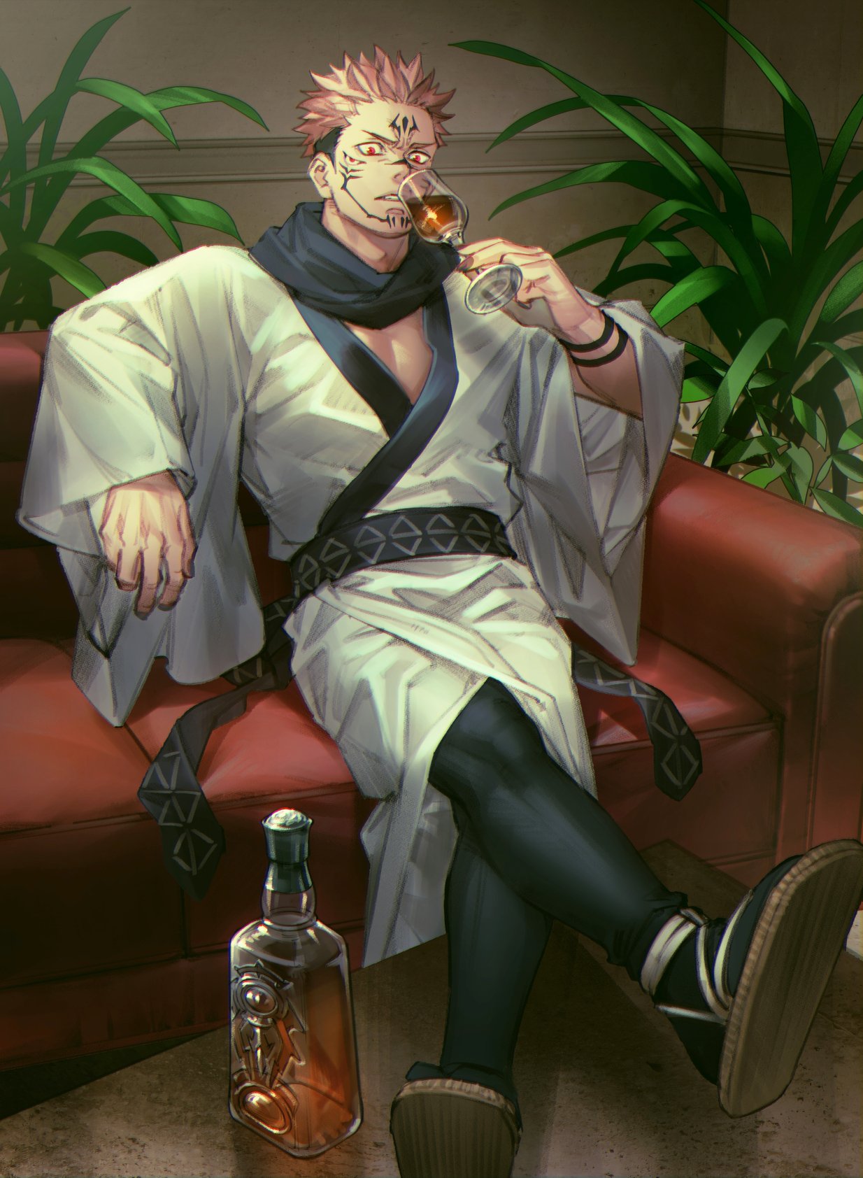 1boy akakokko_(niro_azarashi) black_hair black_nails blue_scarf couch crossed_legs cup drinking_glass extra_eyes facial_tattoo full_body highres itadori_yuuji japanese_clothes jujutsu_kaisen kimono leggings long_sleeves male_focus open_clothes open_kimono pectorals pink_hair red_eyes ryoumen_sukuna_(jujutsu_kaisen) sandals scarf short_hair sitting solo spiky_hair tattoo undercut white_kimono