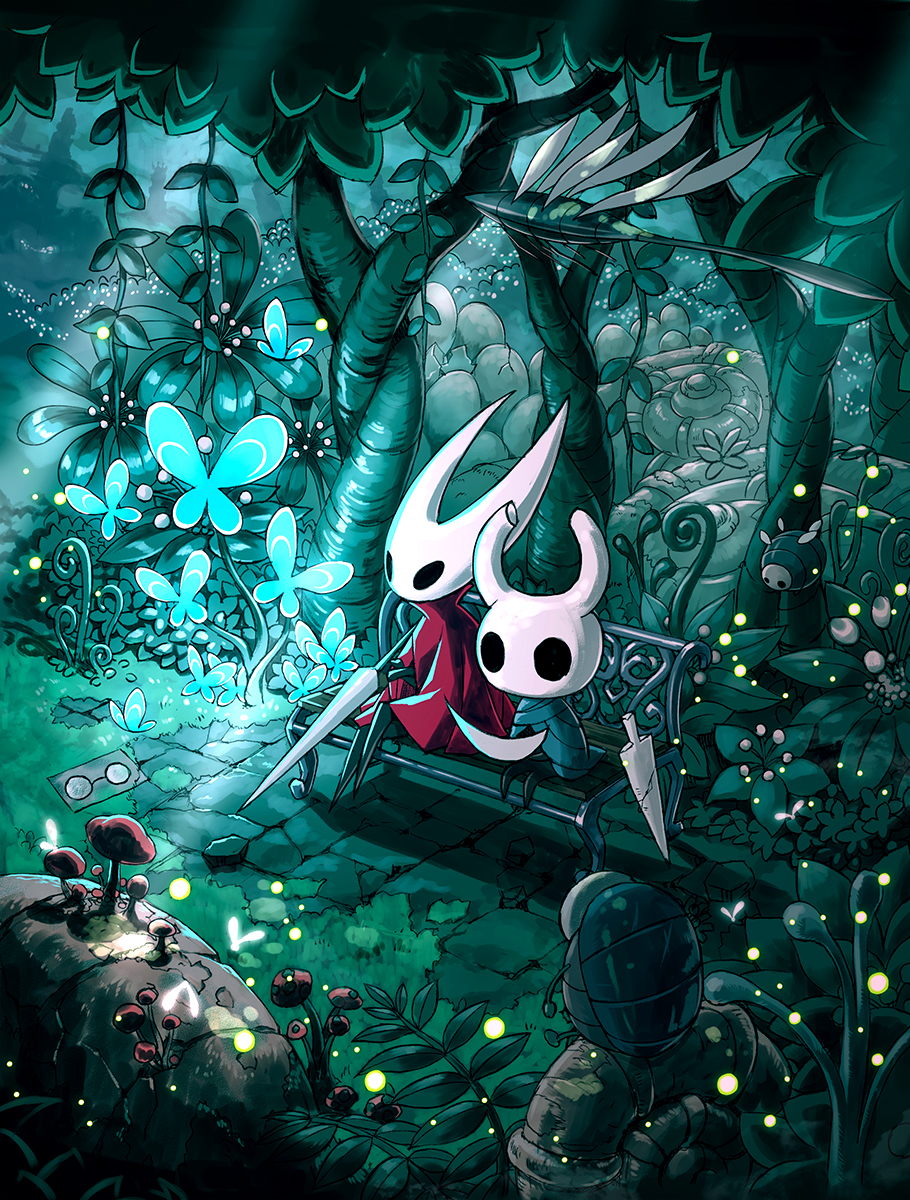 bench bug butterfly cloak egg firefly flying grass highres hollow_knight hornet_(hollow_knight) insect knight_(hollow_knight) mushroom nature no_humans paper shell sinsin719 sitting sunlight tree