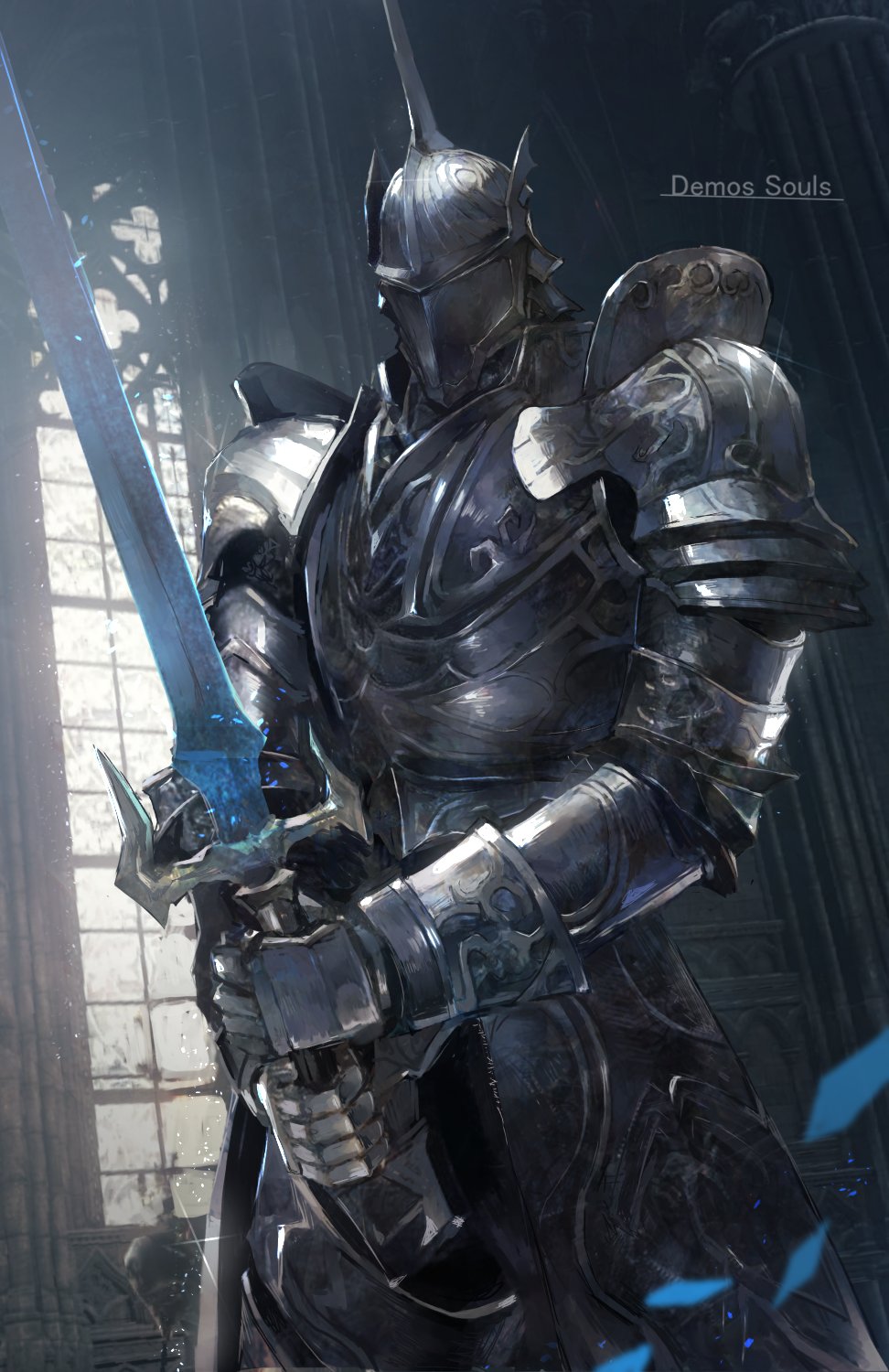 1other ambiguous_gender armor commentary copyright_name cowboy_shot demon's_souls facing_viewer full_armor gauntlets helm helmet highres holding holding_sword holding_weapon indoors knight mono_(jdaj) penetrator_(demon's_souls) shoulder_armor souls_(from_software) sword weapon window