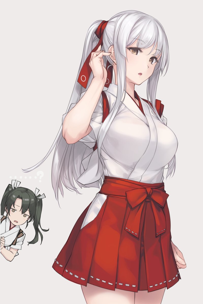 ...? 2girls alternate_hairstyle breasts brown_eyes cowboy_shot eyebrows_visible_through_hair green_hair grey_background hair_ribbon hakama hakama_skirt highres japanese_clothes kantai_collection large_breasts long_hair multiple_girls open_mouth parted_lips ponytail red_hakama ribbon rokuwata_tomoe shoukaku_(kantai_collection) simple_background tasuki twintails white_hair white_ribbon zuikaku_(kantai_collection)