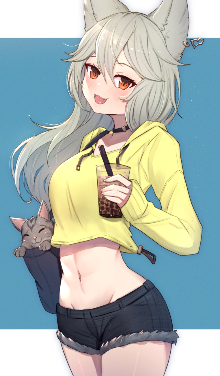 1girl :d animal animal_ears bag bangs black_choker black_shorts blue_background blush breasts bubble_tea cat choker commentary cowboy_shot crop_top cup cutoffs disposable_cup drawstring drinking_straw ear_piercing erune eyebrows_visible_through_hair fang granblue_fantasy grey_hair groin hair_between_eyes handbag highres holding holding_cup hood hood_down hoodie jewelry long_hair long_sleeves looking_at_viewer medium_breasts midriff navel open_mouth orange_eyes piercing sen_(granblue_fantasy) short_shorts shorts silver_hair single_earring smile solo standing symbol_commentary two-tone_background uneg white_background yellow_hoodie