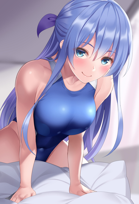 1girl bangs blue_eyes blue_hair blue_swimsuit blurry blurry_background blush bow breasts closed_mouth collarbone competition_swimsuit covered_navel eyebrows_visible_through_hair hair_between_eyes hair_bow huyumitsu indoors large_breasts leaning_forward long_hair looking_at_viewer one-piece_swimsuit original pillow purple_bow shiny shiny_hair sitting smile solo swimsuit very_long_hair